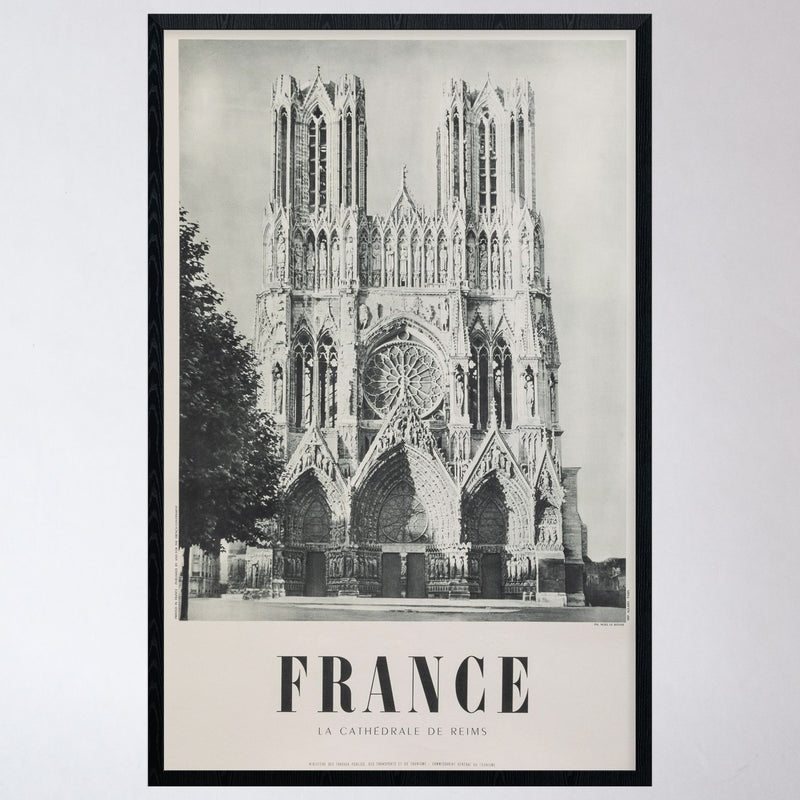 Vintage Mid-Century Reims Cathedral Travel Poster (Large/Linen-Backed)